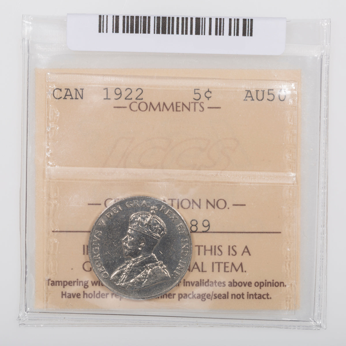 5 Cent 1922 ICCS AU-50