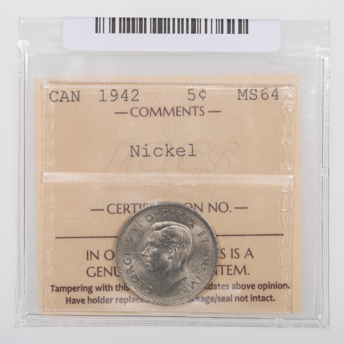 5 Cent 1942 Nickel ICCS MS-64