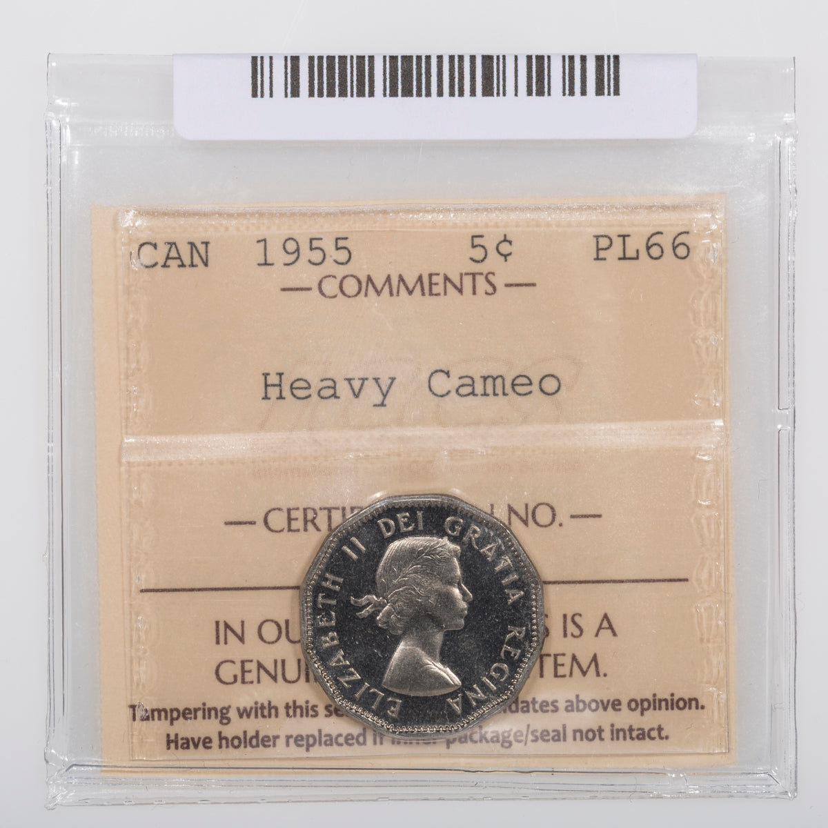 5 Cent 1955 ICCS PL-66 Heavy Cameo