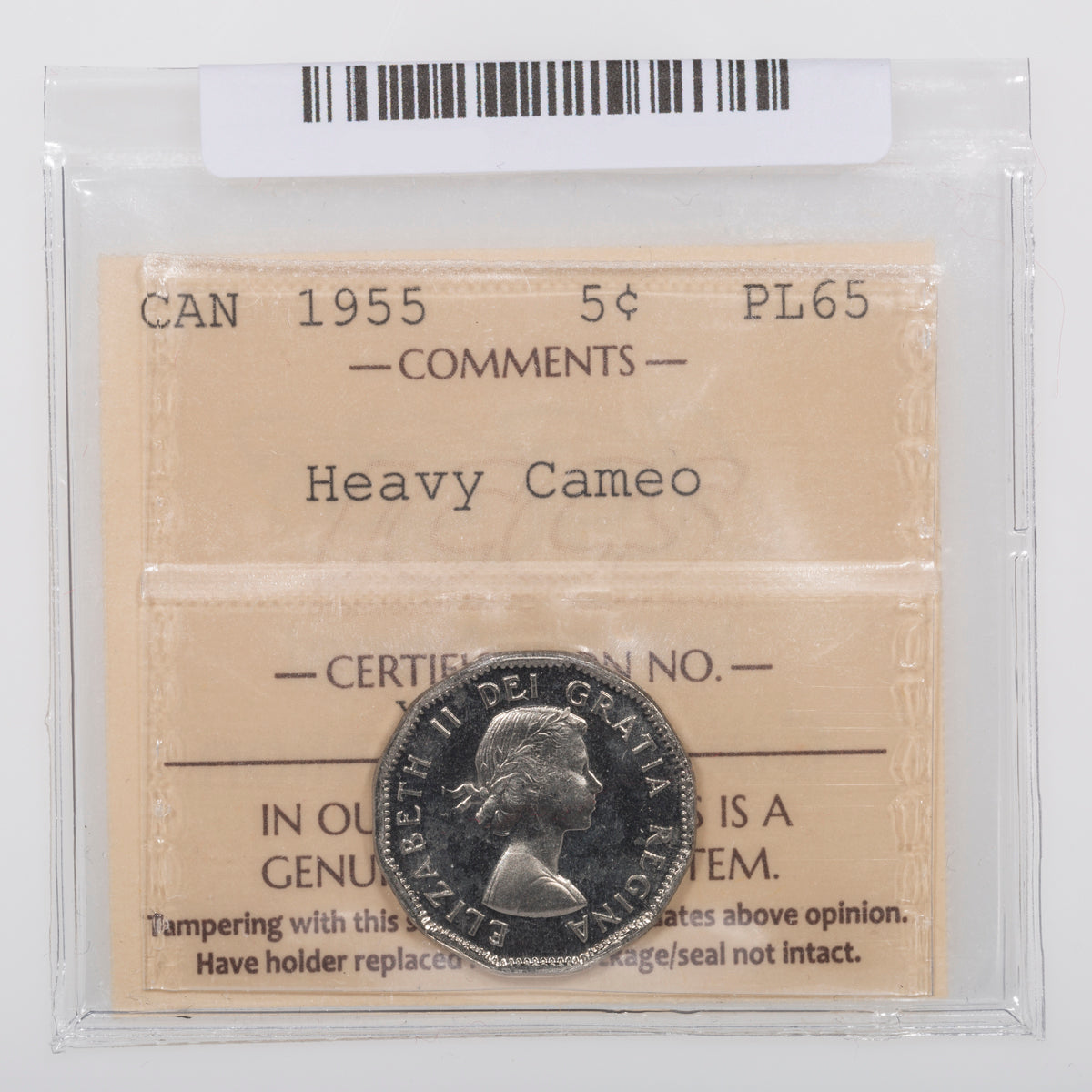 5 Cent 1955 ICCS PL-65 Heavy Cameo