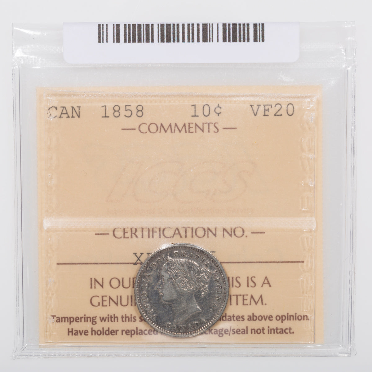 10 Cent 1858 ICCS VF-20