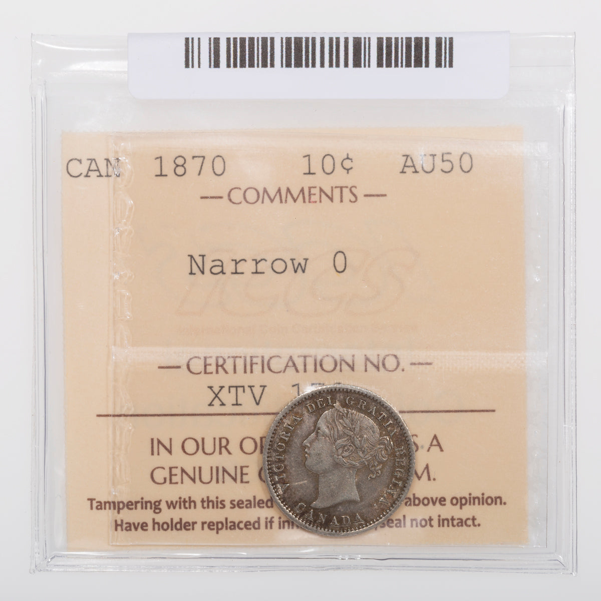 10 Cent 1870 Narrow 0 ICCS AU-50