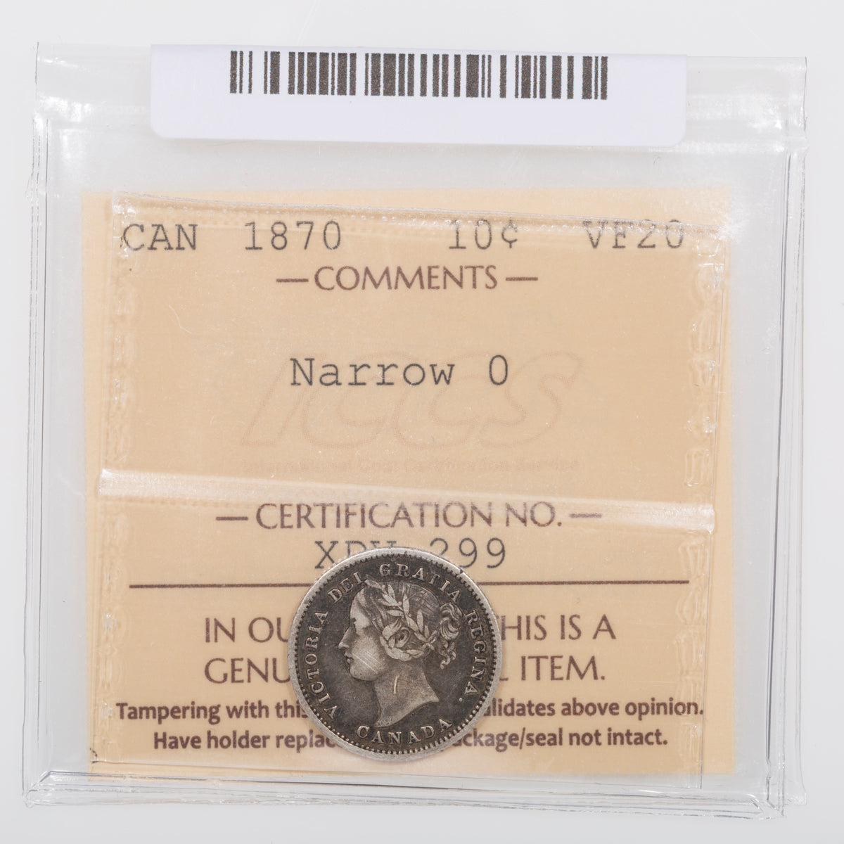 10 Cent 1870 Narrow 0 ICCS VF-20