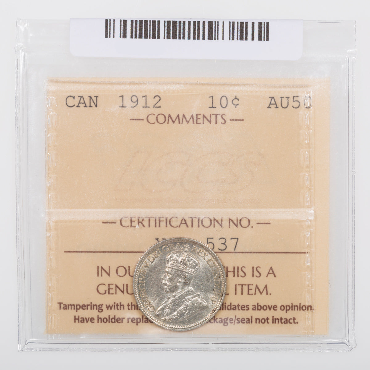 10 Cent 1912 ICCS AU-50