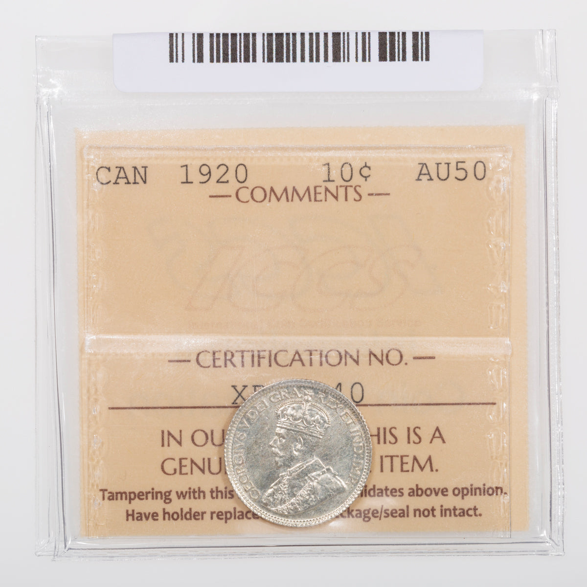 10 Cent 1920 ICCS AU-50