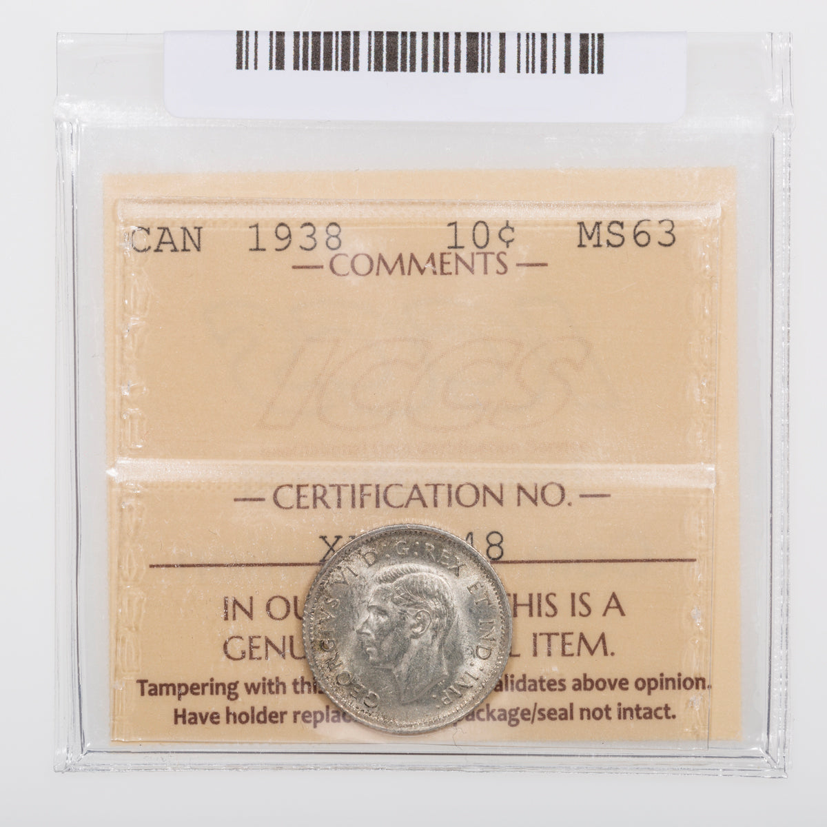 10 Cent 1938 ICCS MS-63