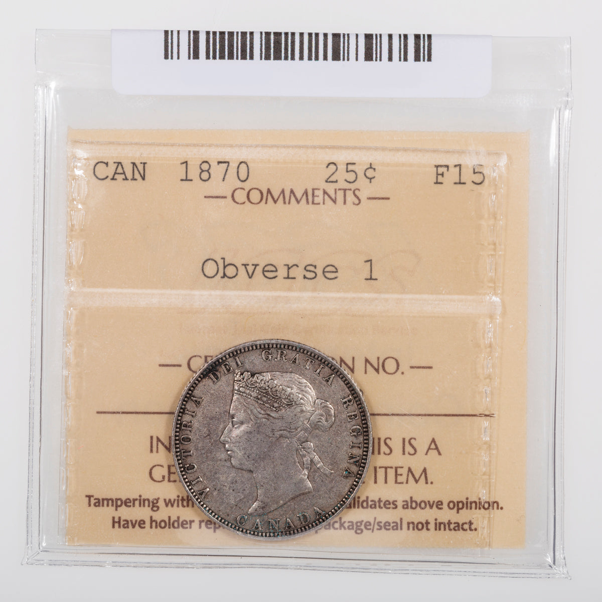 25 Cent 1870 Obverse 1 ICCS F-15