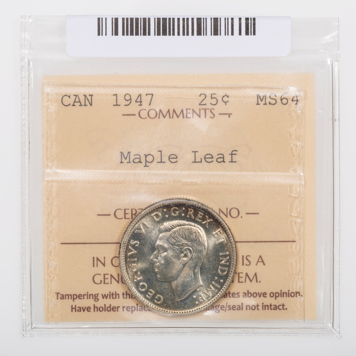 25 Cent 1947 Maple Leaf ICCS MS-64