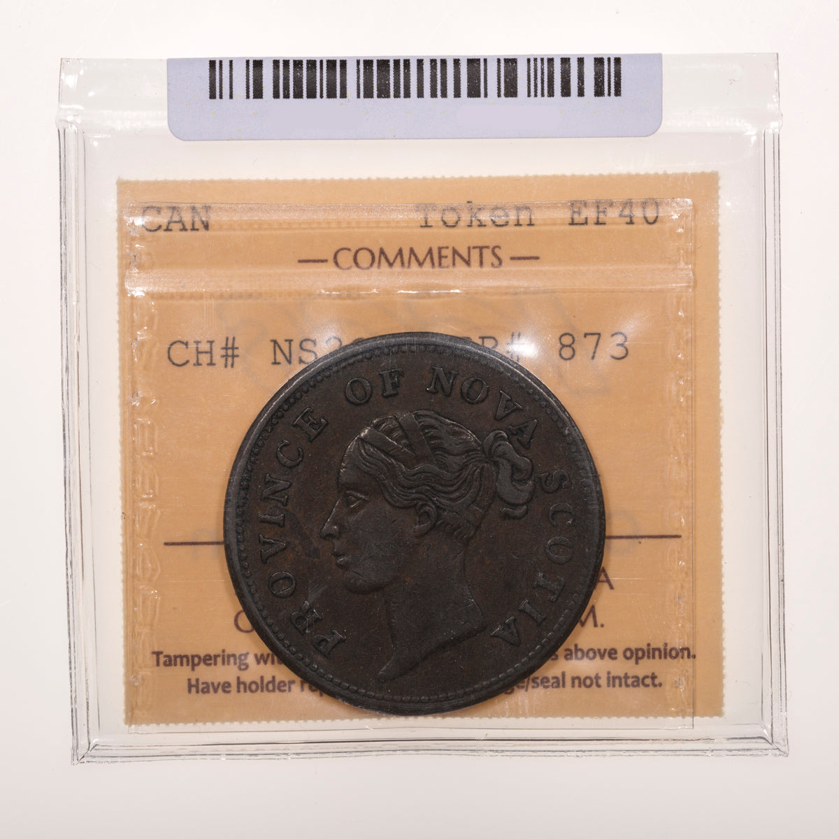 Nova Scotia CH# NS-2C1 Thistle Token Victoria One Penny 1840 Seven fringes of hair, Coinage axis ICCS EF-40