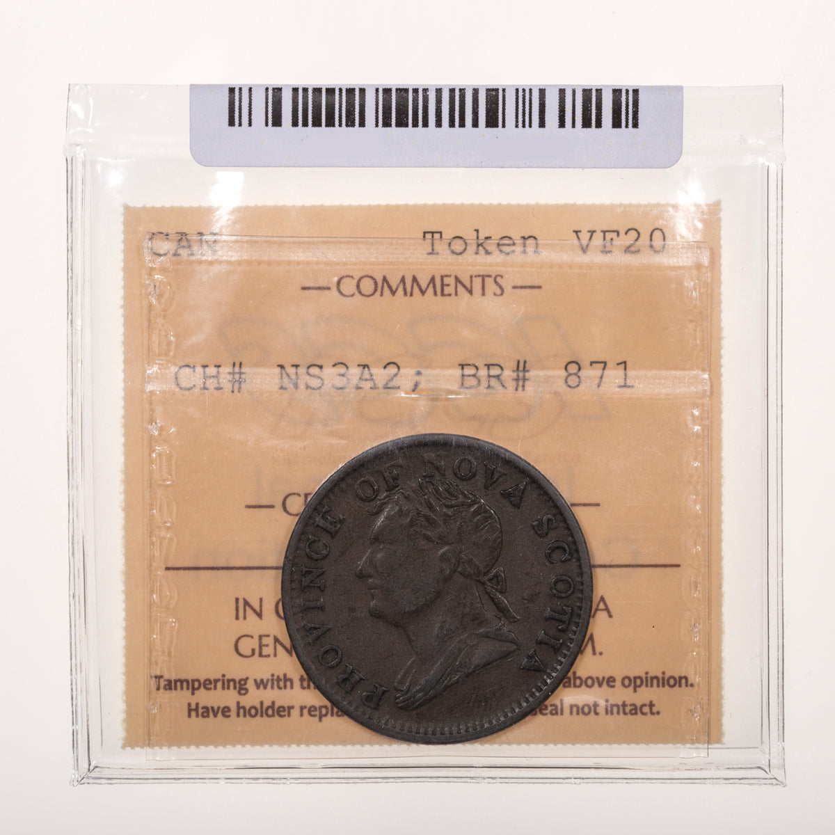 Nova Scotia CH# NS-3A2 Counterfeit Thistle Token George IV Halfpenny 1832 Hair touches "O" and "F", Copper, Coinage axis ICCS VF-20