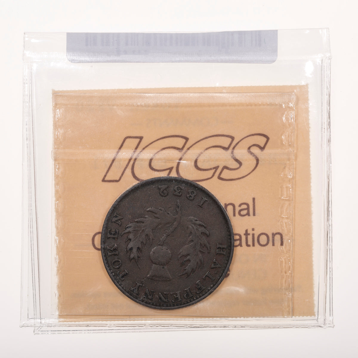 Nova Scotia CH# NS-3A2 Counterfeit Thistle Token George IV Halfpenny 1832 Hair touches "O" and "F", Copper, Coinage axis ICCS VF-20