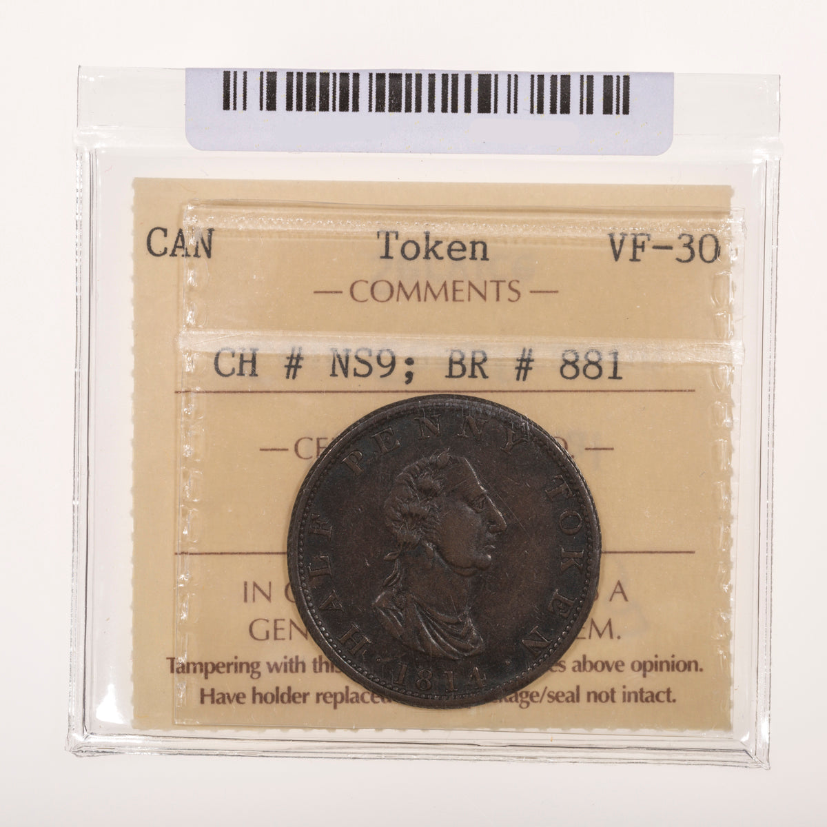 Nova Scotia CH# NS-9 Carritt & Alport Half Penny Token 1814 ICCS VF-30