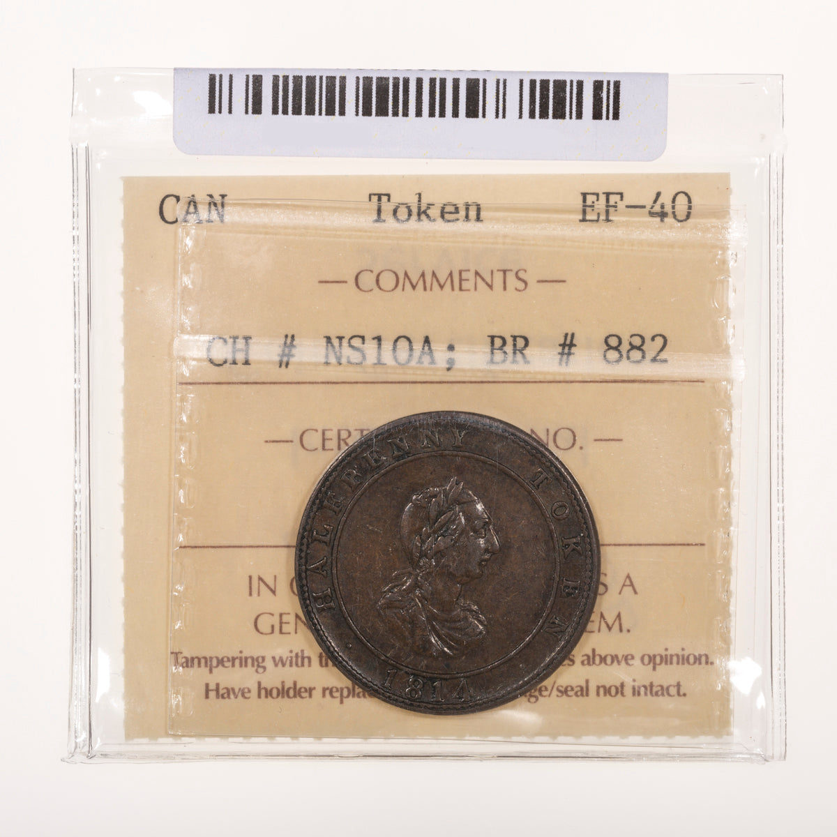 Nova Scotia CH# NS-10A Hosterman & Etter Halfpenny Token 1814 Inner circle on the obverse ICCS EF-40