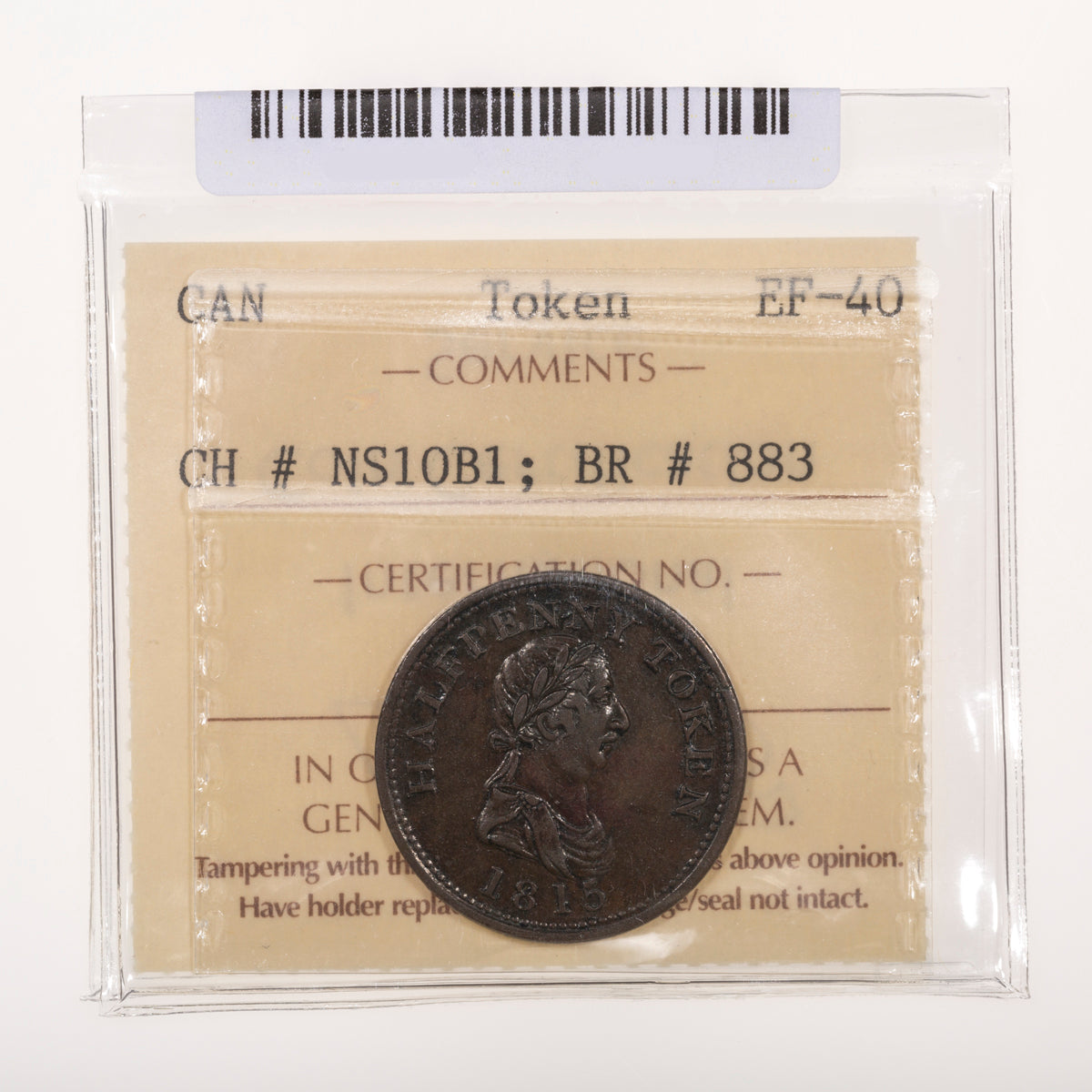 Nova Scotia CH# NS-10B1 Hosterman & Etter Halfpenny Token 1815 Sashed windows ICCS EF-40