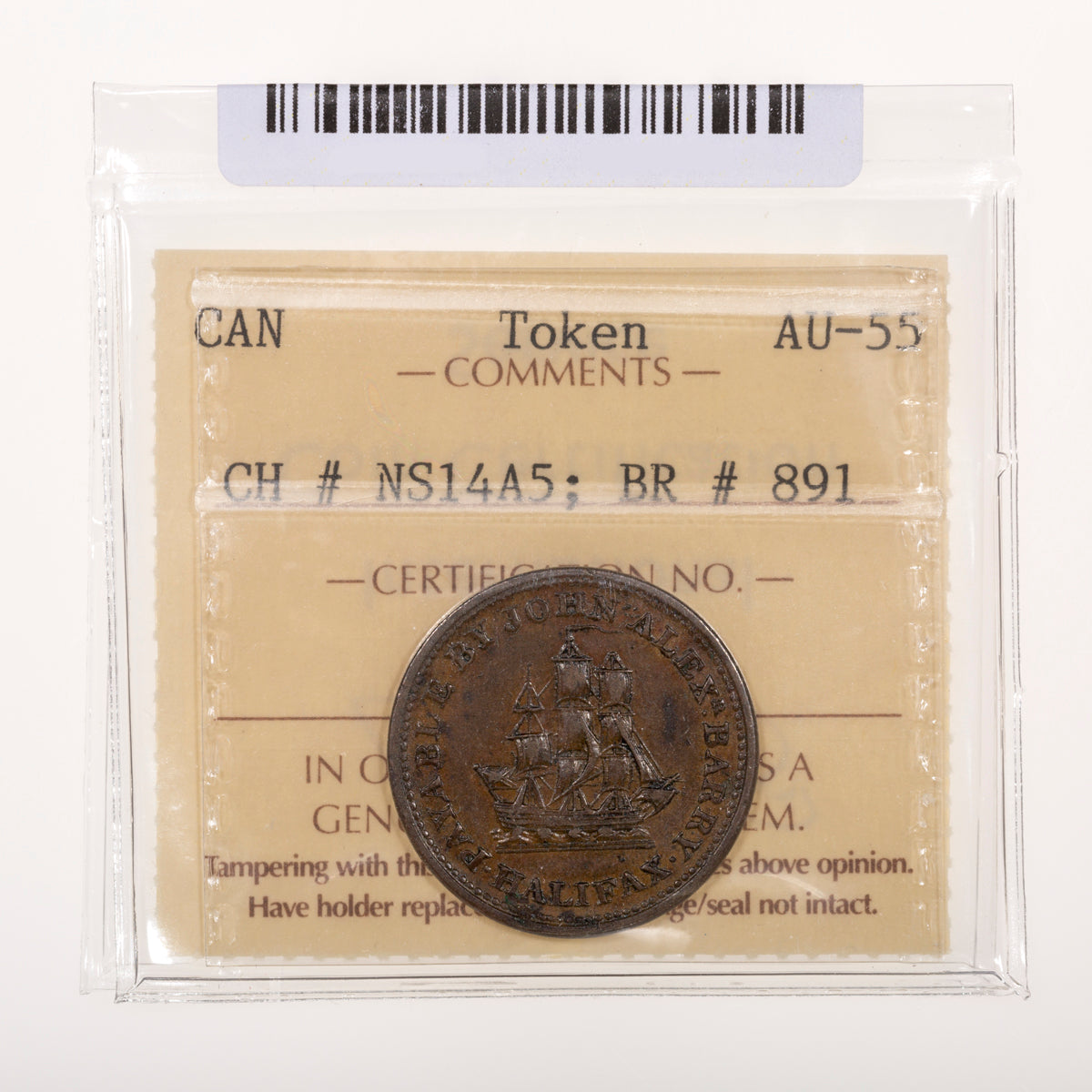 Nova Scotia CH# NS-14A5 John Alexr. Barry Halfpenny Token 1815 Small bust, 7 leaves, Copper, Coinage axis ICCS AU-55