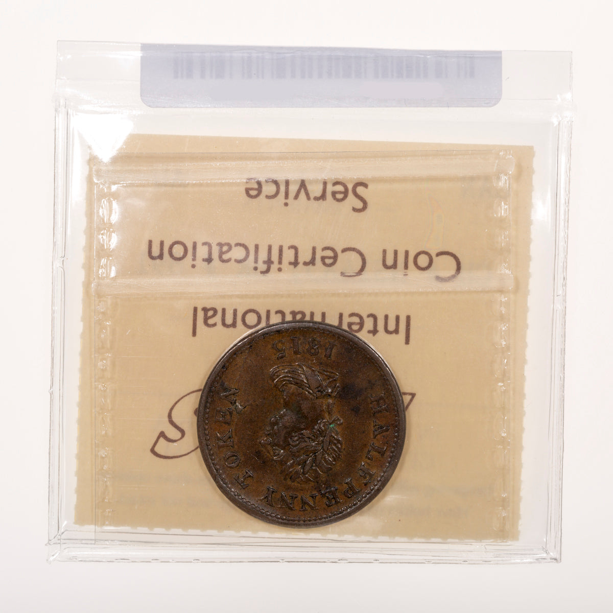 Nova Scotia CH# NS-14A5 John Alexr. Barry Halfpenny Token 1815 Small bust, 7 leaves, Copper, Coinage axis ICCS AU-55