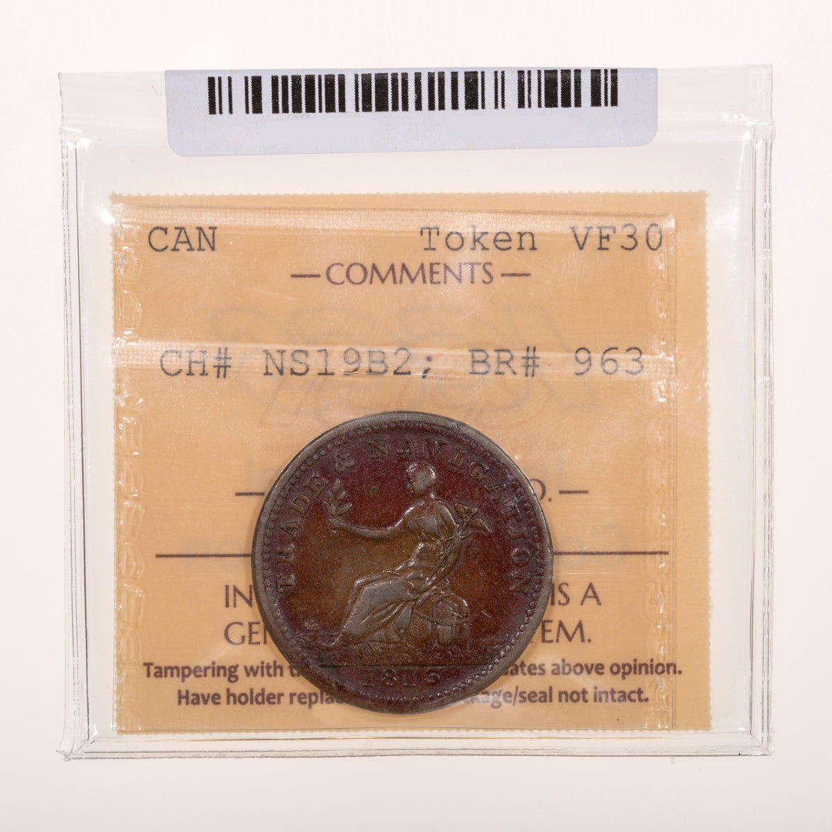 Nova Scotia CH# NS-19B2 Trade & Navigation Pure Copper Preferable To Paper Half Penny Token 1813 Engrailed ICCS VF-30