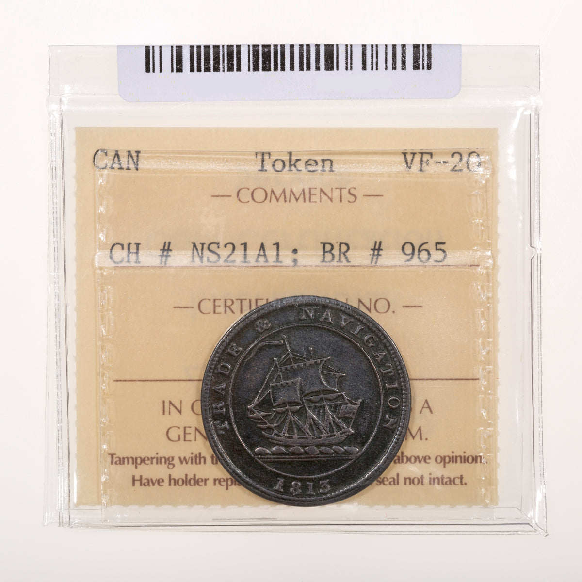Nova Scotia CH# NS-21A1 Trade & Navigation Pure Copper Preferable To Paper Half Penny Token 1813 Large wave, Plain ICCS VF-20