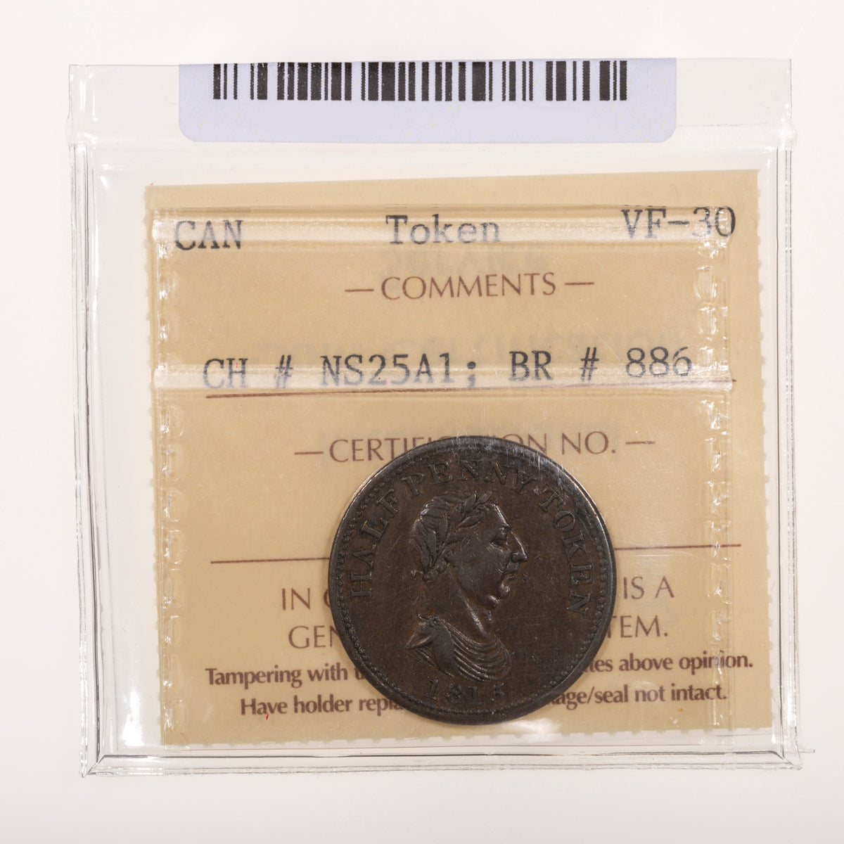 Nova Scotia CH# NS-25A1 Genuine British Copper Halfpenny Token 1815 Large bust, 8 leaves ICCS VF-30