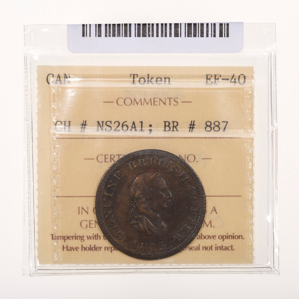 Nova Scotia CH# NS-26A1 Genuine British Copper Halfpenny 1815 Reeded ICCS EF-40