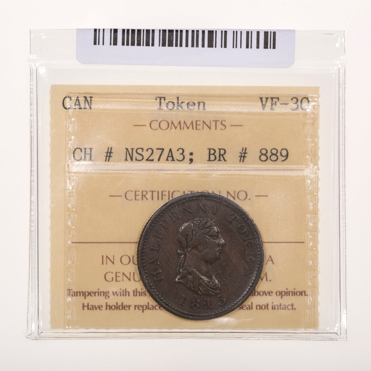 Nova Scotia CH# NS-27A3 Halifax Halfpenny Token 1815 Hair, Medal axis ICCS VF-30