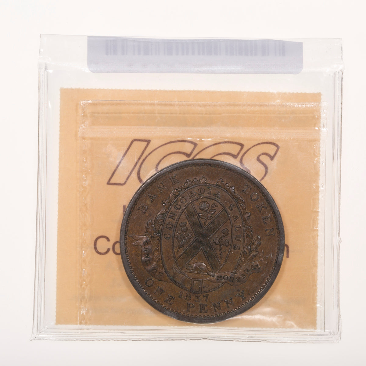 Lower Canada CH# LC-9D2 Province Du Bas Canada Habitant Token Bank of Montreal on Ribbon 1857 Weak, Period ICCS EF-40