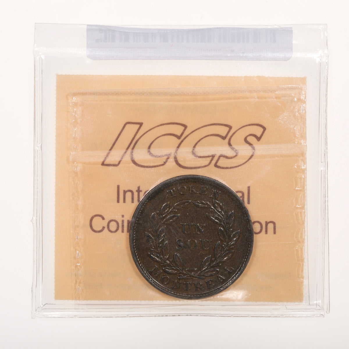 Lower Canada CH# LC-33A1 Bouquet Sou Belleville 23 Leaves 2 Shamrocks ND Small flat bow, Copper ICCS EF-40