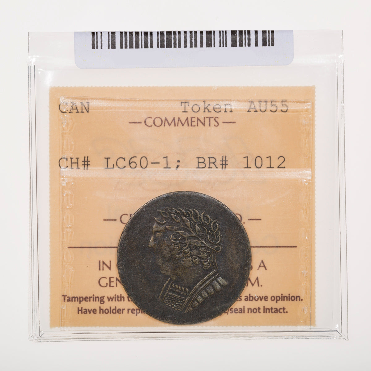 Lower Canada CH# LC-60-1 Bust and Harp Token 1820 Pointy nose, Brass ICCS AU-55