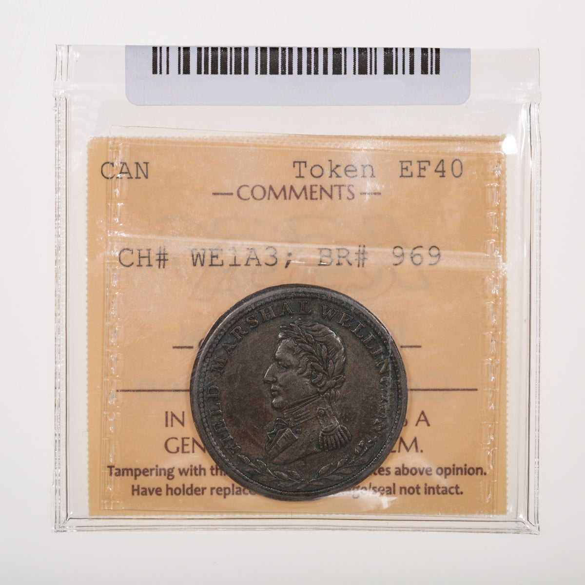 Wellington CH# WE-1A3 Halfpenny Token Field Marshall Wellington 1813 Engrailed, Thick, Coinage axis ICCS EF-40