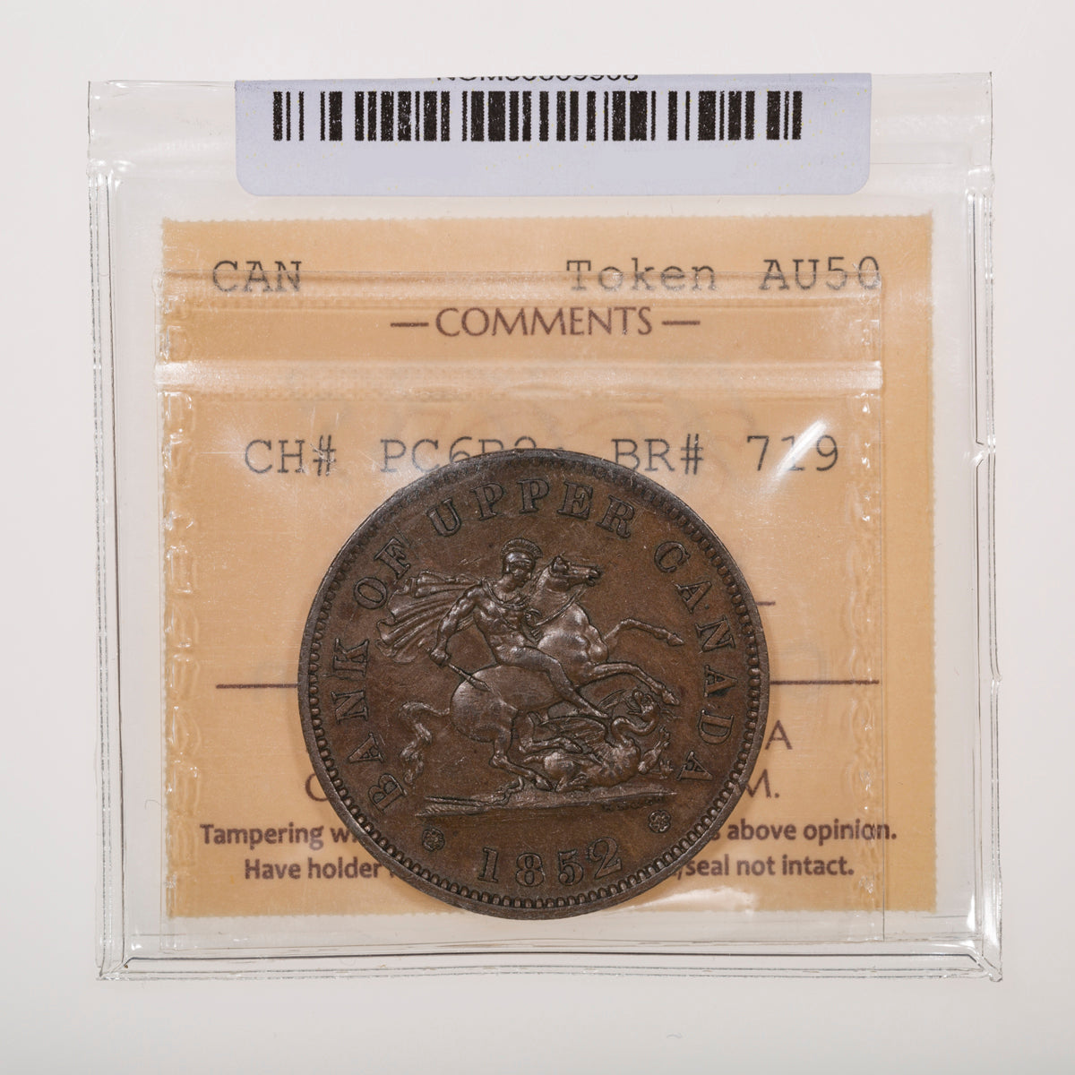 Province of Canada CH# PC-6B3 Bank of Upper Canada One Penny Token 1852 Wide "2", Royal Mint, Medal axis ICCS AU-50