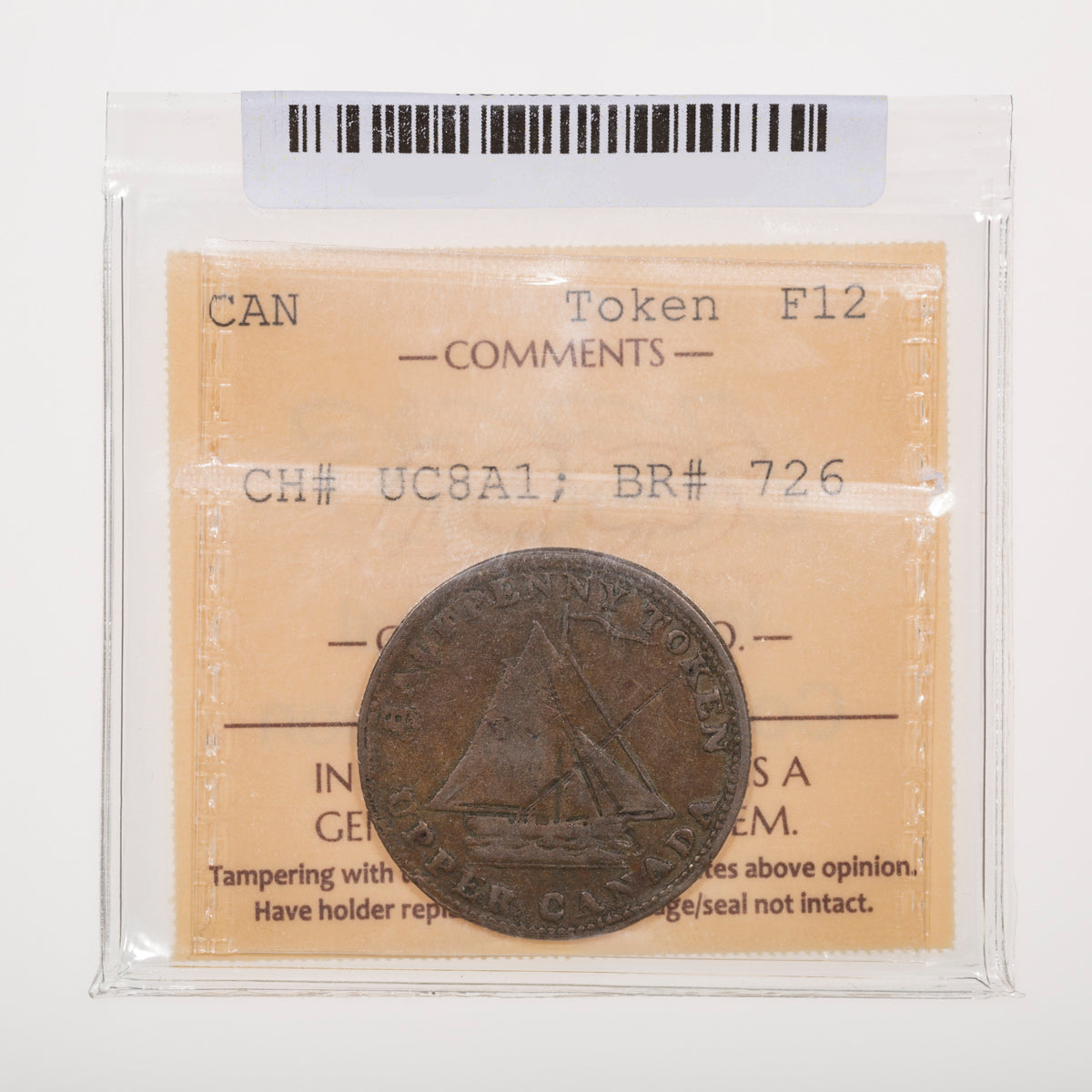 Upper Canada CH# UC-8A1 Sloop Token Commercial Change 1815 Bowspirit points between "DA", Medal axis ICCS F-12