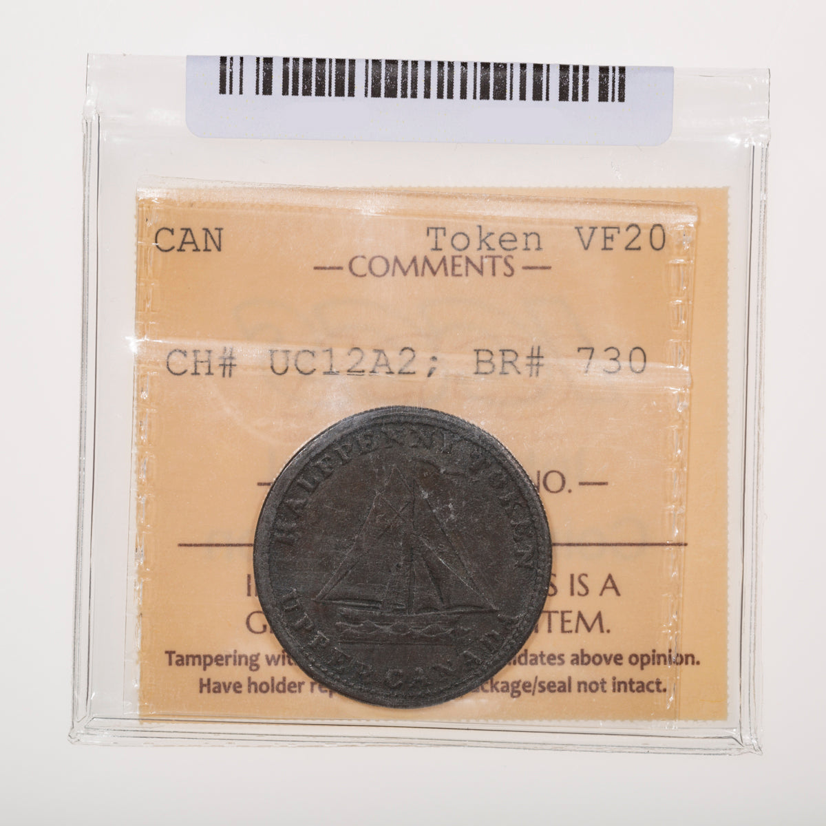 Upper Canada CH# UC-12A2 Sloop Token To Facilitate Trade 1823 Above "A", Coinage axis ICCS VF-20
