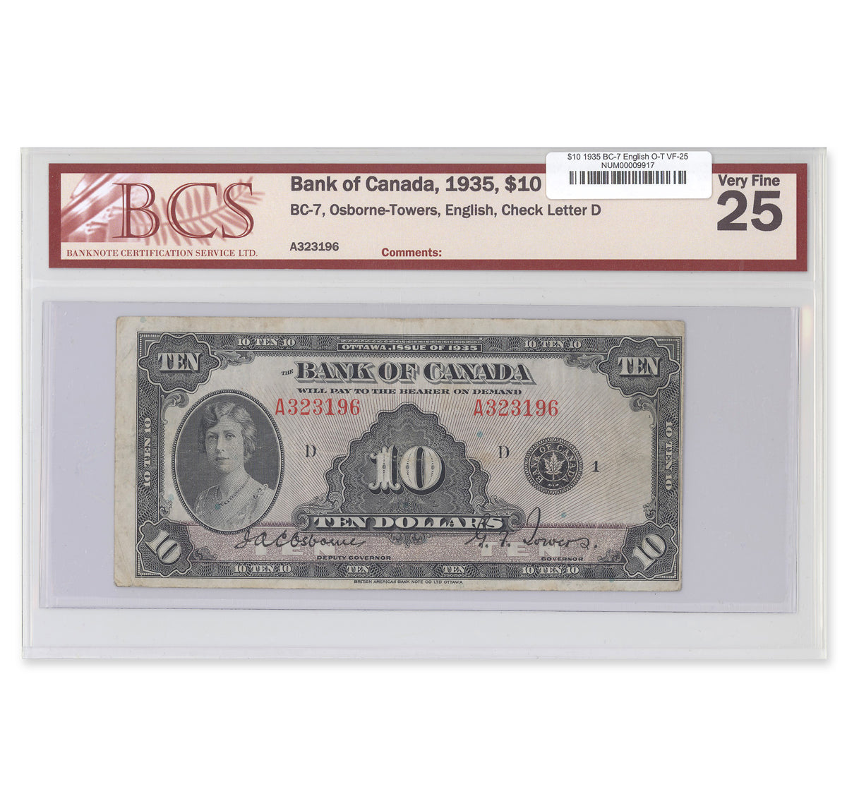 $10 1935 BC-7 English Osborne-Towers Prefix A BCS VF-25