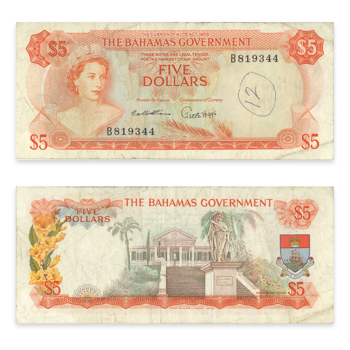 Bahamas 5 Dollars 1965 P# 20a F-12