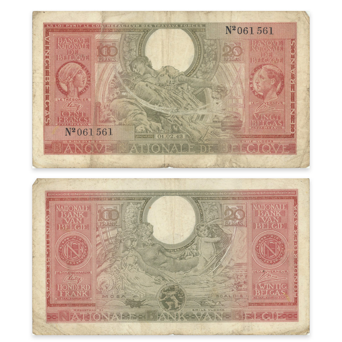 Belgium 100 Francs-20 Belgas 1943 P# 123 F-18