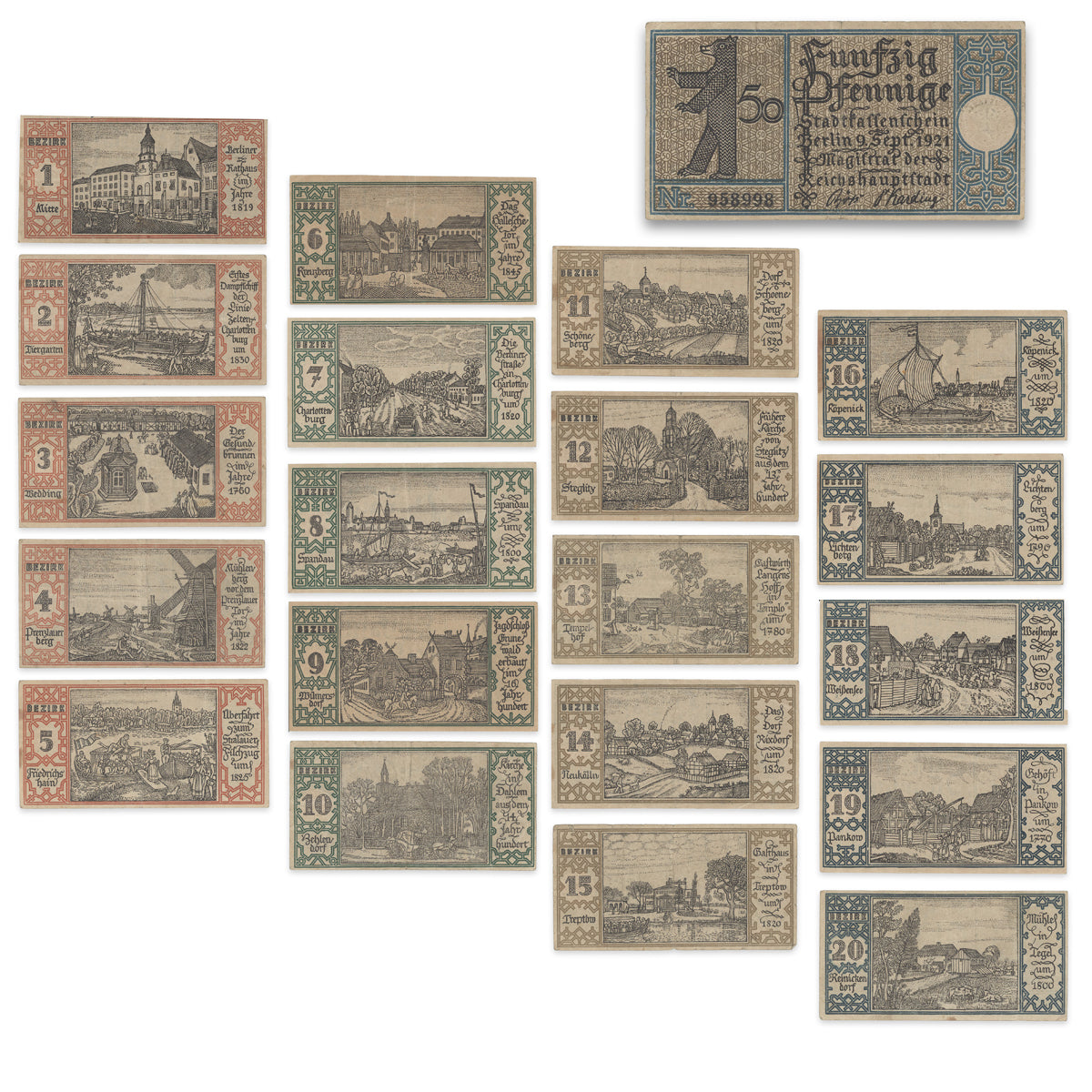 German Notgeld - Berlin, Districts Series 50 Pfennigs 1921 Paper Money Set
