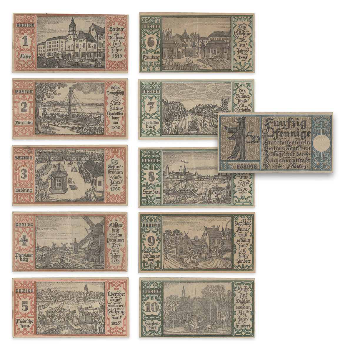 German Notgeld - Berlin, Districts Series 50 Pfennigs 1921 Paper Money Set