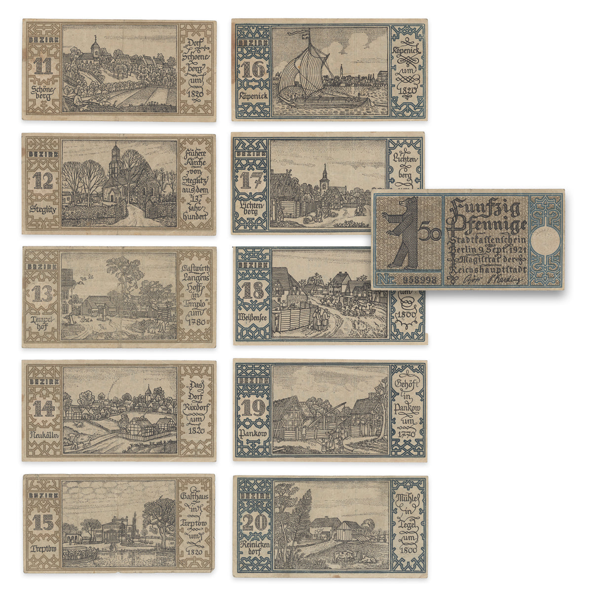 German Notgeld - Berlin, Districts Series 50 Pfennigs 1921 Paper Money Set