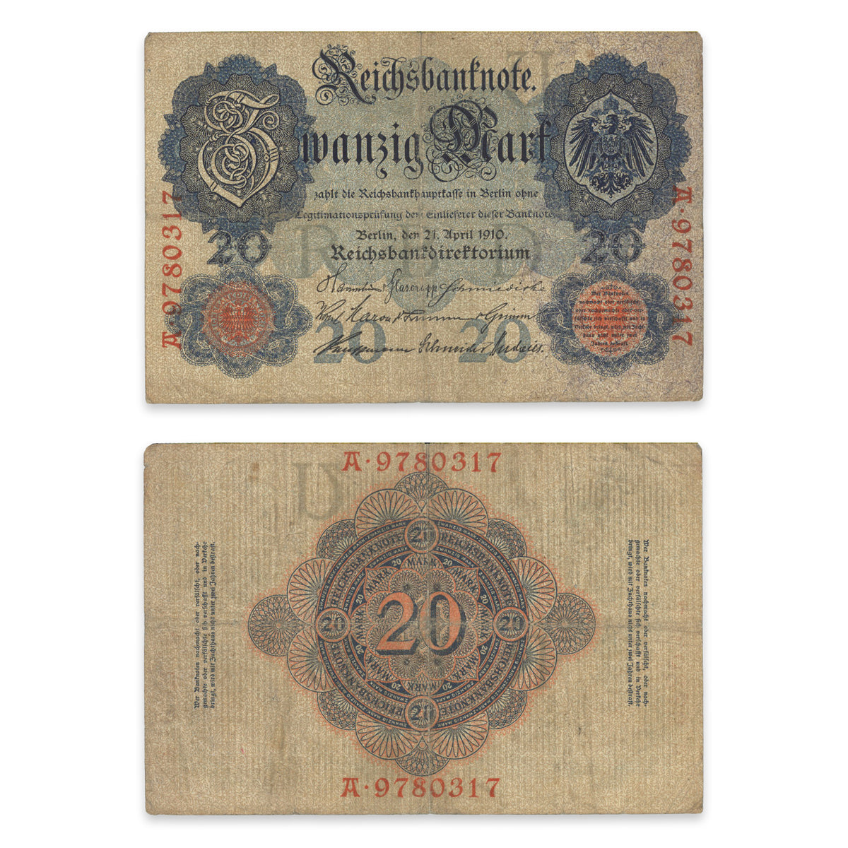 Germany - Empire (Reichsbanknote) 20 Mark 1910 P# 40b VG-10