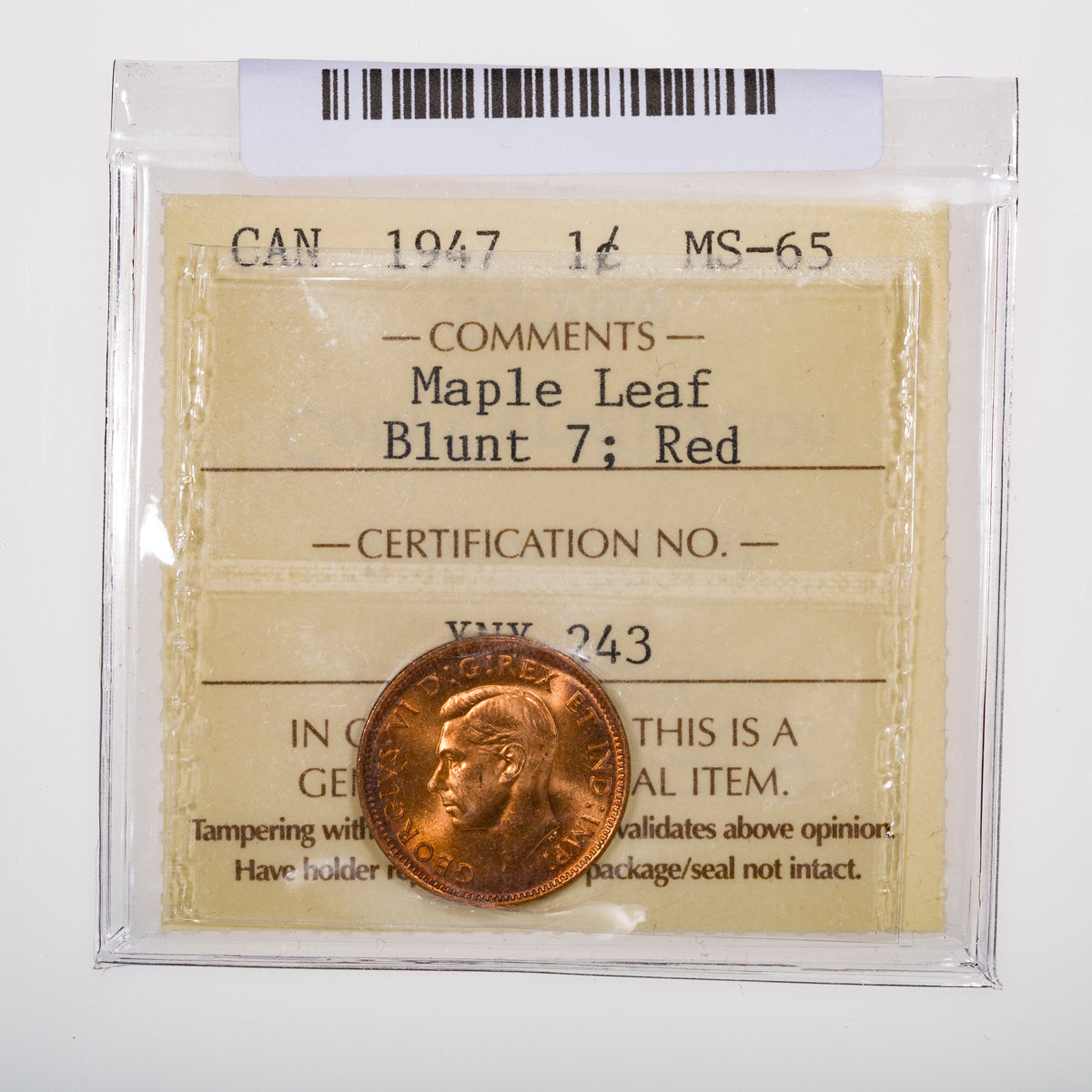 1 Cent 1947 Maple Leaf Blunt 7 ICCS MS-65 Red