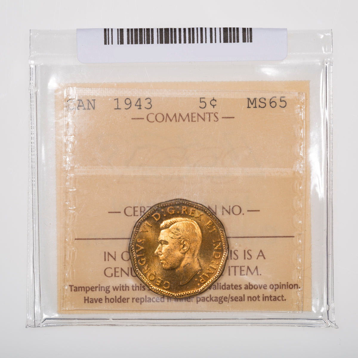 5 Cent 1942 ICCS MS-65