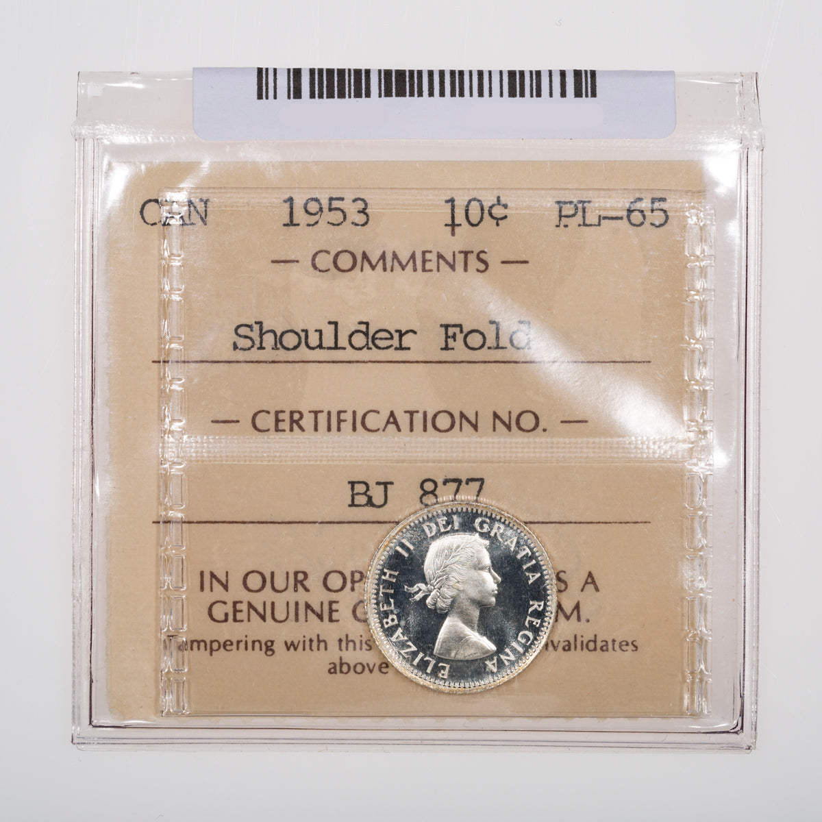 10 Cent 1953 Shoulder Fold ICCS PL-65