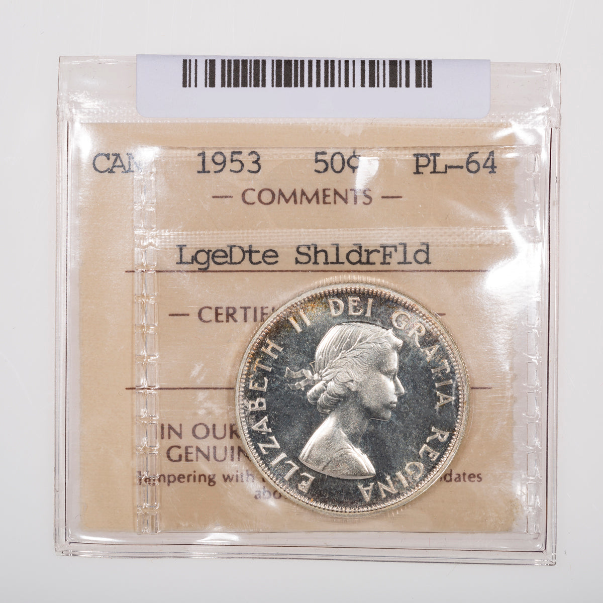 50 Cent 1953 Large Date Shoulder Fold ICCS PL-64
