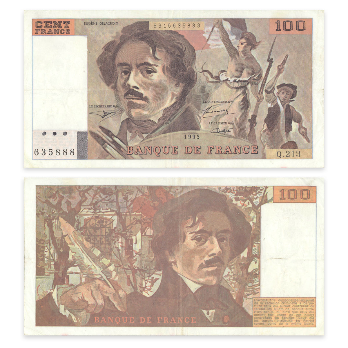 France 100 Francs 1993 P# 154g VF-30