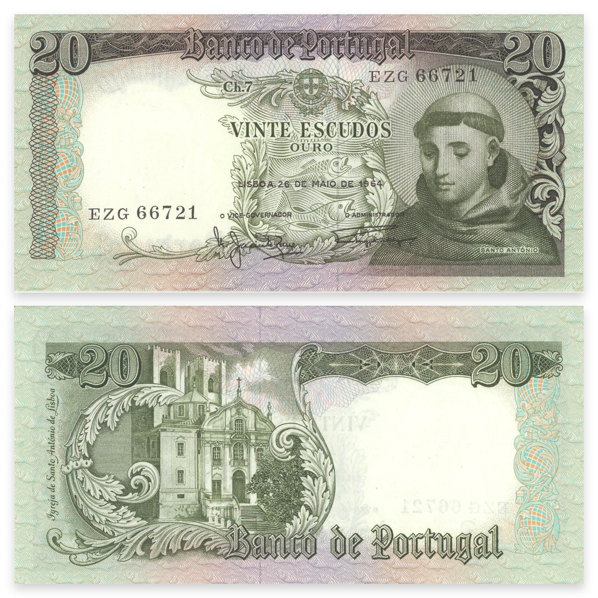 Portugal 20 Escudos 1964 P# 167b AU-55