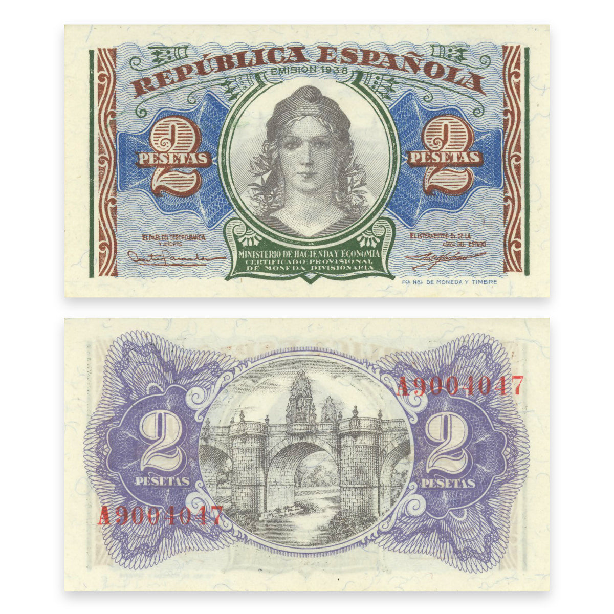 Spain 2 Pesetas 1938 P# 95 UNC-60