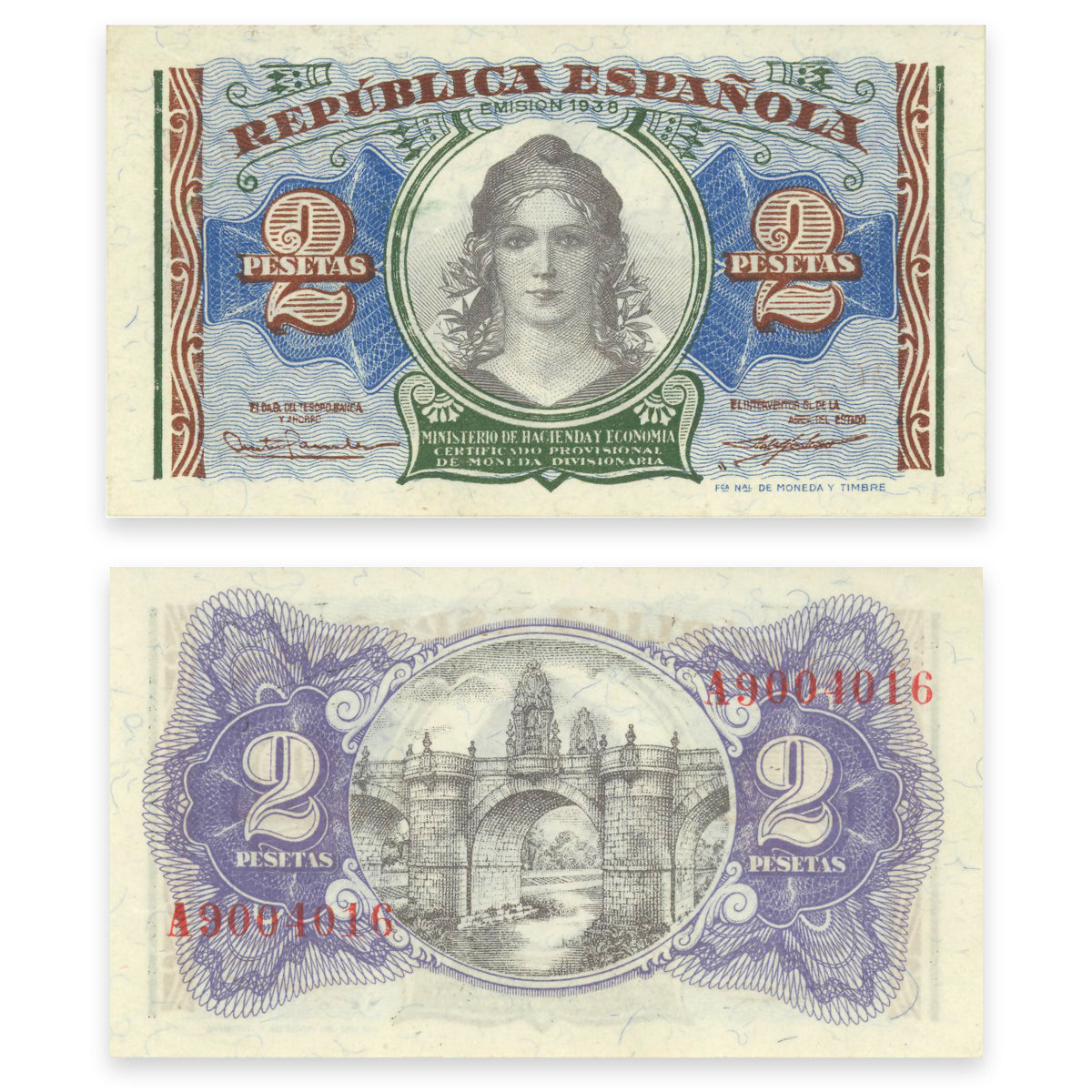 Spain 2 Pesetas 1938 P# 95 AU-55