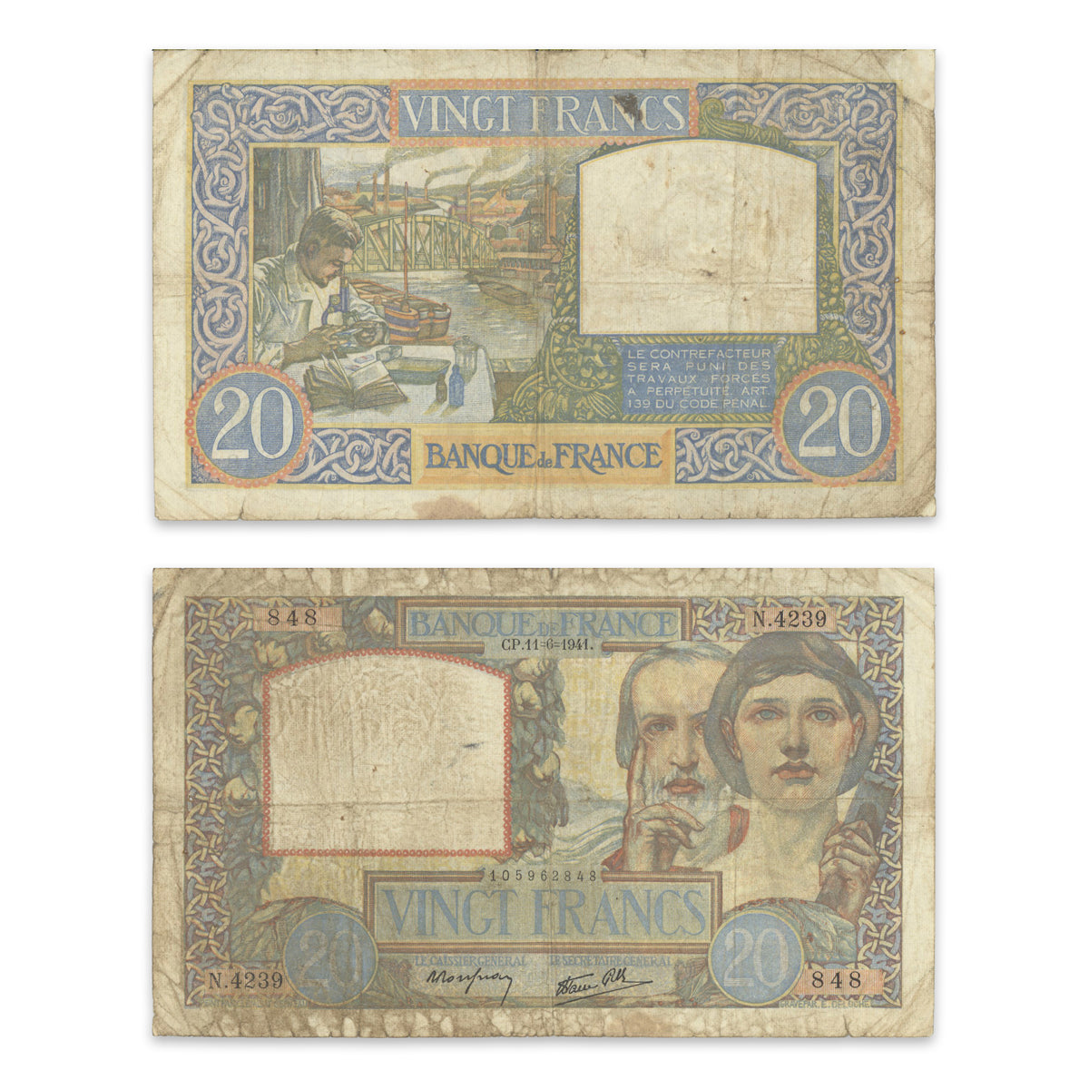 France 20 Francs 1941 P# 92b VG-8