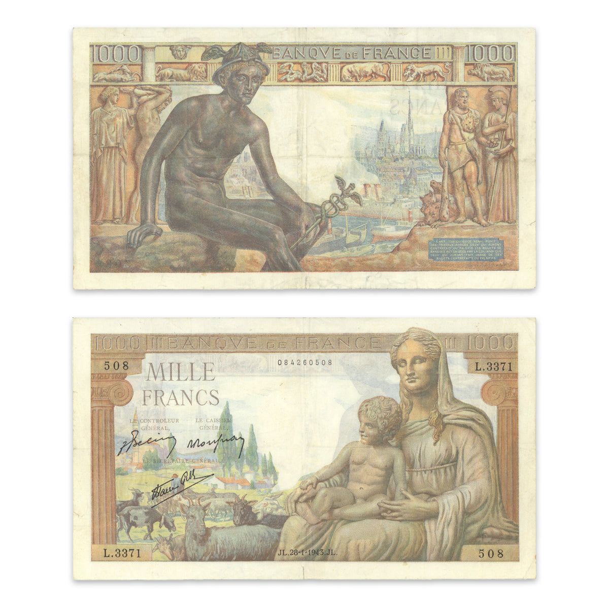 France 1000 Francs 1943 P# 102 VF-35