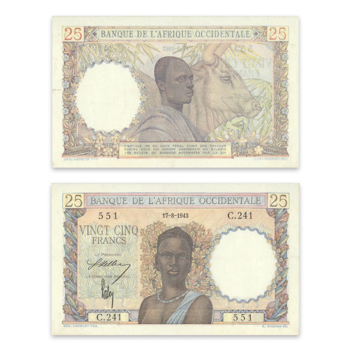 French West Africa 25 Francs 1943 P# 38 EF-45